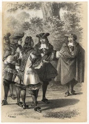 Ontmoeting in Parijs tussen Jean Racine (1639-1699) en Pierre Corneille (1606-1684). Gravure door A. Duruy in 