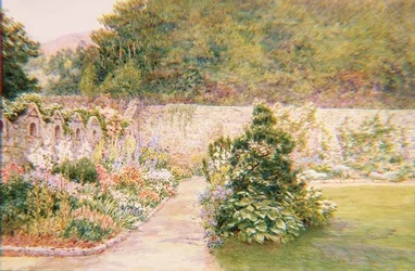 De tuin bij Undermount, Bonchurch, Isle of Wight met St. Boniface in de verte