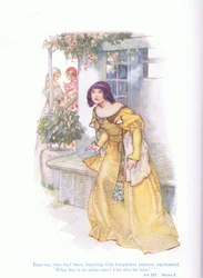 Beatrice, die met ingehouden adem had geluisterd, riep uit "Wat vuur is in mijn oren, kan dit waar zijn?" (Veel Gedoe om Niets), uit Tales from Shakespeare uitgegeven door Ward Lock & Co Ltd
