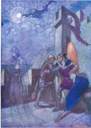 "Uitbarstend volgde Hamlet waar de geest hem ook leidde", uit Tales from Shakespeare uitgegeven door Ward Lock & Co Ltd, 1930-40