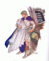 Pericles nam de pasgeboren baby in zijn armen (Pericles, Prins van Tyrus), uit Verhalen van Shakespeare uitgegeven door Ward Lock & Co Ltd
