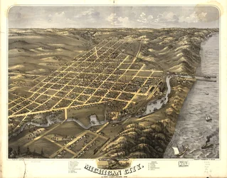 Vogelvlucht van Michigan City, La Porte County, Indiana 1869