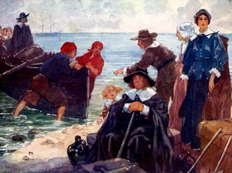Een groep ballingen meerde zijn bark af aan de wilde kust van New England, 1620, 1905.