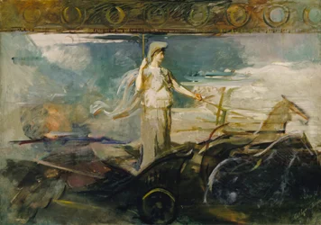Minerva in een strijdwagen