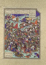 Kai Khusrau Verslaat het Leger van Makran, Folio 376v uit het Shahnama Boek der Koningen, ca. 1525-30
