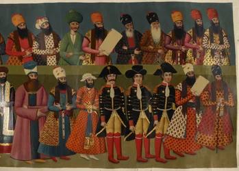 Add Or. 1241 Het Hof van Fath Ali Shah met Britse gezanten Sir John Malcolm, Sir Harford Jones Brydges, en Sir Gore Ouseley. Gedeeltelijke afbeelding van de Nigaristan Paleismuurschildering