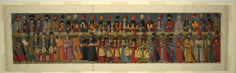 Or. 1242 Kopie van de Grote Muur in het Nigaristan Paleis. Het Hof van Fath Ali Shah met Britse gezanten Sir John Malcolm, Sir Harford Jones Brydges en Sir Gore Ouseley