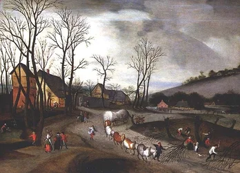 Winterlandschap met boeren die knotten