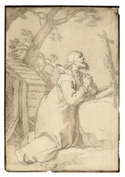 Sint Paulus van Phermae knielend in gebed voor een kruisbeeld
