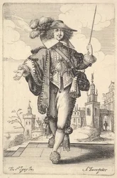 Een heer die naar voren loopt, met zijn rechterarm uitgestrekt en een zweep in zijn linkerhand, 1629