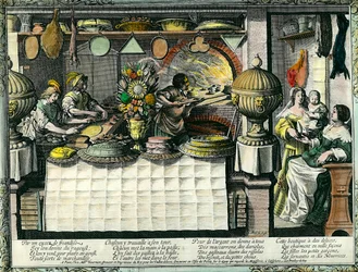 Een banketbakkerij in de 17e eeuw: de achterwinkel waar bakkers en banketbakkers gebak en brood maken en bakken, en klanten in de winkel. Een bakvorm hangt aan de muur. Gravure van Abraham Bosse (1602-1676)