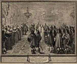 Ceremonie van het huwelijkscontract tussen Wladyslaw IV, koning van Polen en Marie Louise Gonzaga