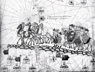 Ms Esp 20 paneel 4, Handelaren op weg naar Cathay, China, in de voetsporen van Marco Polo, detail van de familie van Marco Polo die per kameelkaravaan reist, uit de Catalaanse Atlas gepubliceerd voor Charl