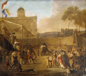 Een menigte kijkt naar berengevechten op een stadsplein