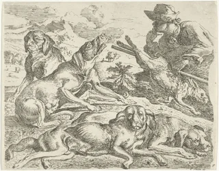 Vier honden, een jager en een haas