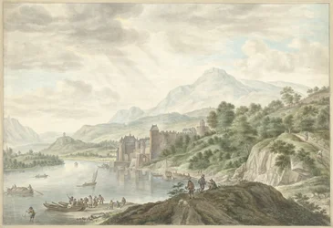 Heuvellandschap met een kasteel aan een rivier