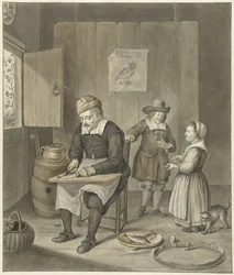 Interieur met man die vissen schoon maakt en twee kinderen