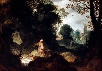 Rotsachtig landschap met Sint Franciscus, begin 17e eeuw
