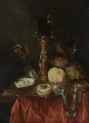 Stilleven met vergulde glazen houder, ca. 1654-1660 (olieverf op paneel)