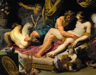 Hercules verdrijft Pan van het bed van Omphale (olieverf op doek)