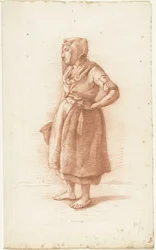 Staande vrouw naar links, de hand in de zij