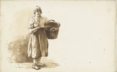 Studie van een vrouw met een mand onder de arm