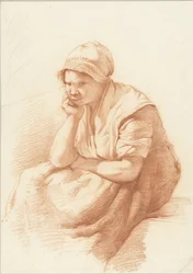 Studie van een zittende vrouw met de arm onder het hoofd