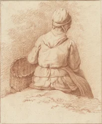 Zittende vissersvrouw met een mand aan de arm, op de rug gezien