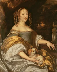 Portret van een jonge dame in blauwe jurk met schoothondje