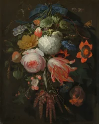 Een hangend boeket bloemen, waarschijnlijk 1665-1670