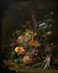 Stilleven met fruit, vissen en een nest, ca. 1675