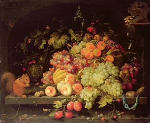 Stilleven met fruit, eekhoorn en putter