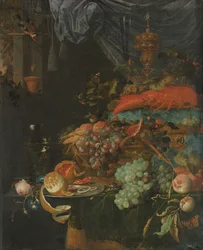Stilleven met fruit en een distelvink