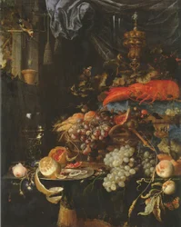 Stilleven met fruit, een kreeft en een distelvink