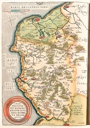 Caletensium et Bononiensium Ditionis Accurata Delineatio Geografische kaart van het Boulonnais-gebied (Comte de Boulogne), Artois en Frans-Vlaanderen (Frankrijk) inclusief de plaatsen Calais, Arches, Greuelinge, Etaples en Montreuil... uit 