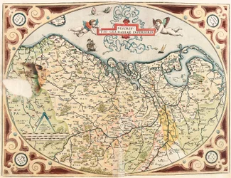 Descriptio Germaniae Inferioris Geografische kaart van het gebied van de Nederduitse Germanen uit 