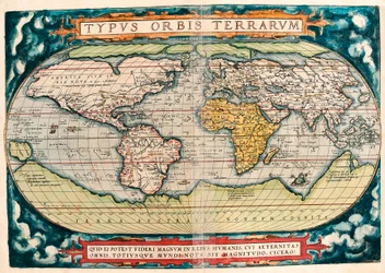 Kaart van de aarde (wereldkaart), geografische kaart uit «Theatrum Orbis Terrarum» van Abraham Ortelius (1527-1598)