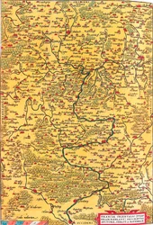 Franciae Orientalis (Vulgo/Franckenlant) Descriptio, Auctore, Sebast. A. Rotenhan Geografische kaart van het gebied van Frankenland in Duitsland met de stad Frankfurt (ook de stad Karlstadt..) uit 