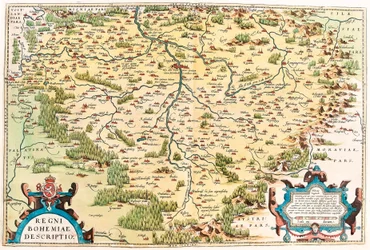 Regni Bohemiae Descriptio Geografische kaart van het gebied van Bohemen uit 