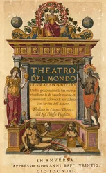 Theatrum orbis terrarum, titelpagina van Italiaanse editie vertaald door Filippo Pigafetta