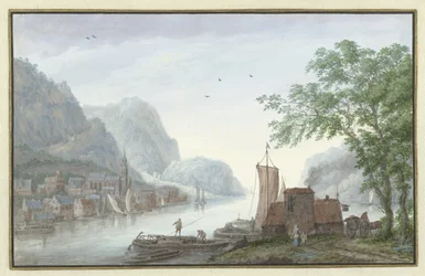 Bergachtig landschap met gezicht op een dorp aan een rivier