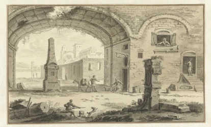 Gefantaseerd Italiaans stadsgezicht met klassieke bouwwerken en doorkijk onder een boog