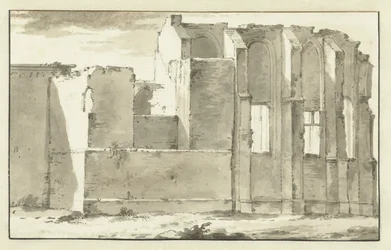 Gezicht op de bouwvallen van het koor van de Grote Kerk te Zandvoort