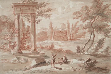 Landschap met graf, ruïnes en figuren