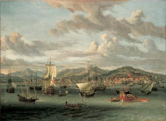 Nederlandse schepen bij de Baai van Smyrna met een staatsboot