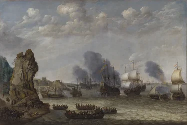 Een gevecht nabij een kust tussen Spanjaarden en ontschepende Nederlanders