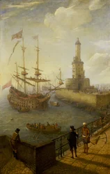 Een Spaanse driemaster voor anker voor de kust van Napels (Italië), gezien vanaf een geplaveide pier in de stad, richting de vuurtoren en de gebouwen van de mediterrane haven