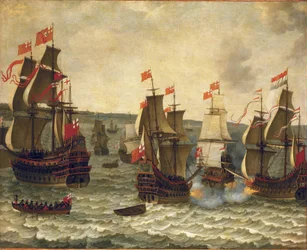 Zeeslag tussen Nederlandse en Britse schepen, episode van de Eerste Engels-Nederlandse Oorlog (Engels-Nederlands) 1652-1654. Olieverf op hout door Abraham Willaerts (1603-1669).