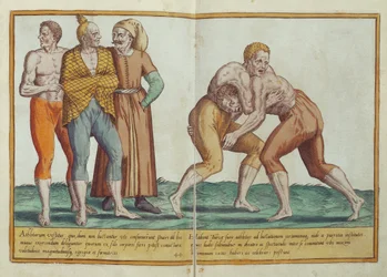 Turken worstelen, zestiende-eeuwse kostuums uit Omnium Poene Gentium Imagines, gepubliceerd in Keulen, 1577 (handgekleurde gravure)