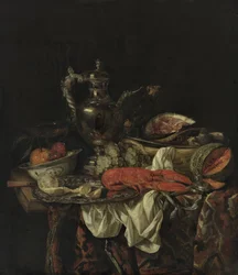Dutch: Stilleven met een zilveren kan, waarin het portret van de kunstenaar weerspiegeld, vruchten, kreeft en gebraad Still life with a silver pitcher